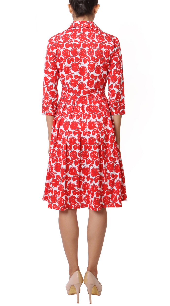 3/4 Sleeve | Corfu Rose | White Indian Red | Back | Shirt Dress By Samantha Sung