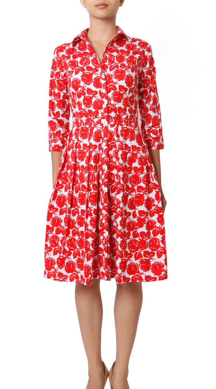 3/4 Sleeve | Corfu Rose | White Indian Red | Front | Shirt Dress By Samantha Sung
