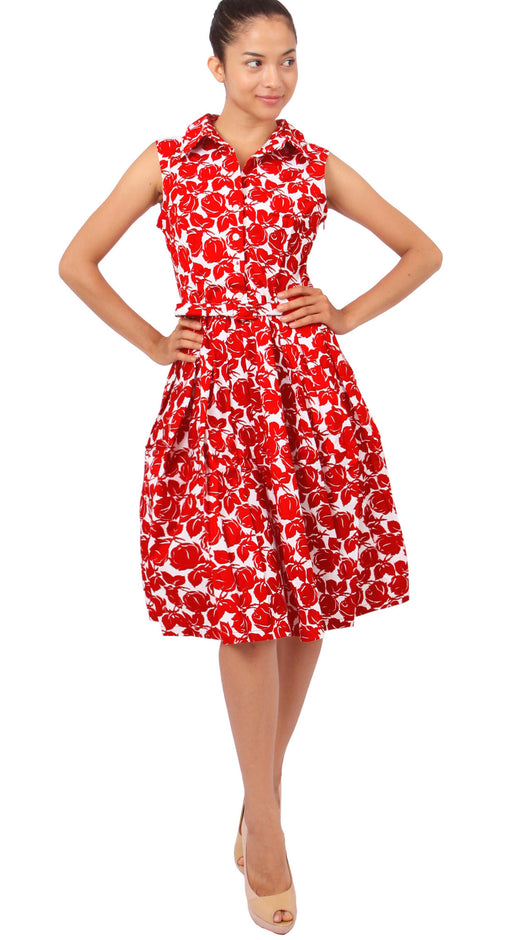 Sleeveless | Corfu | White Indian Red | Front-1 | Shirt Dress By Samantha Sung