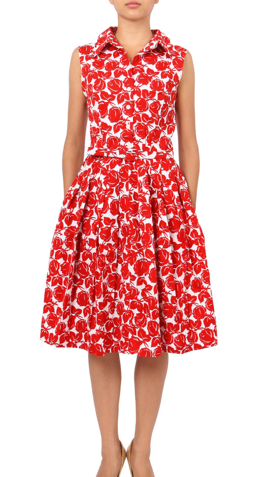 Sleeveless | Corfu | White Indian Red | Front-1 | Shirt Dress By Samantha Sung