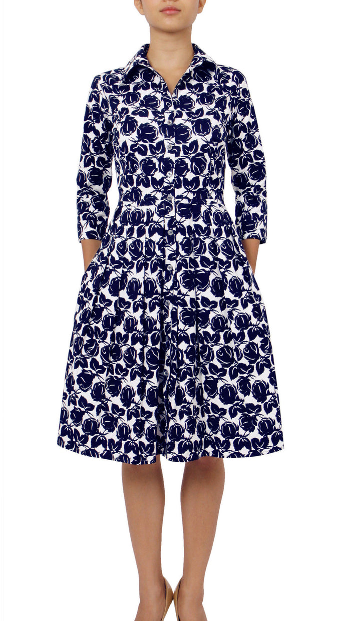 3/4 Sleeve | Corfu Rose | White Indigo | Front | Shirt Dress By Samantha Sung