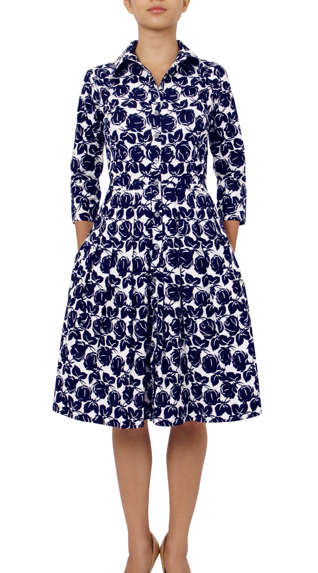 3/4 Sleeve | Corfu Rose | White Indigo | Front | Shirt Dress By Samantha Sung