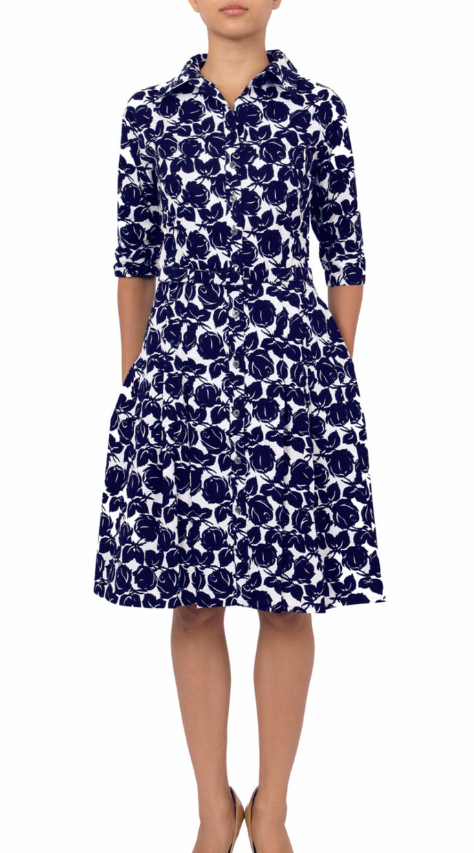 1/2 Sleeve | Corfu | White Indigo | Front | Shirt Dress By Samantha Sung