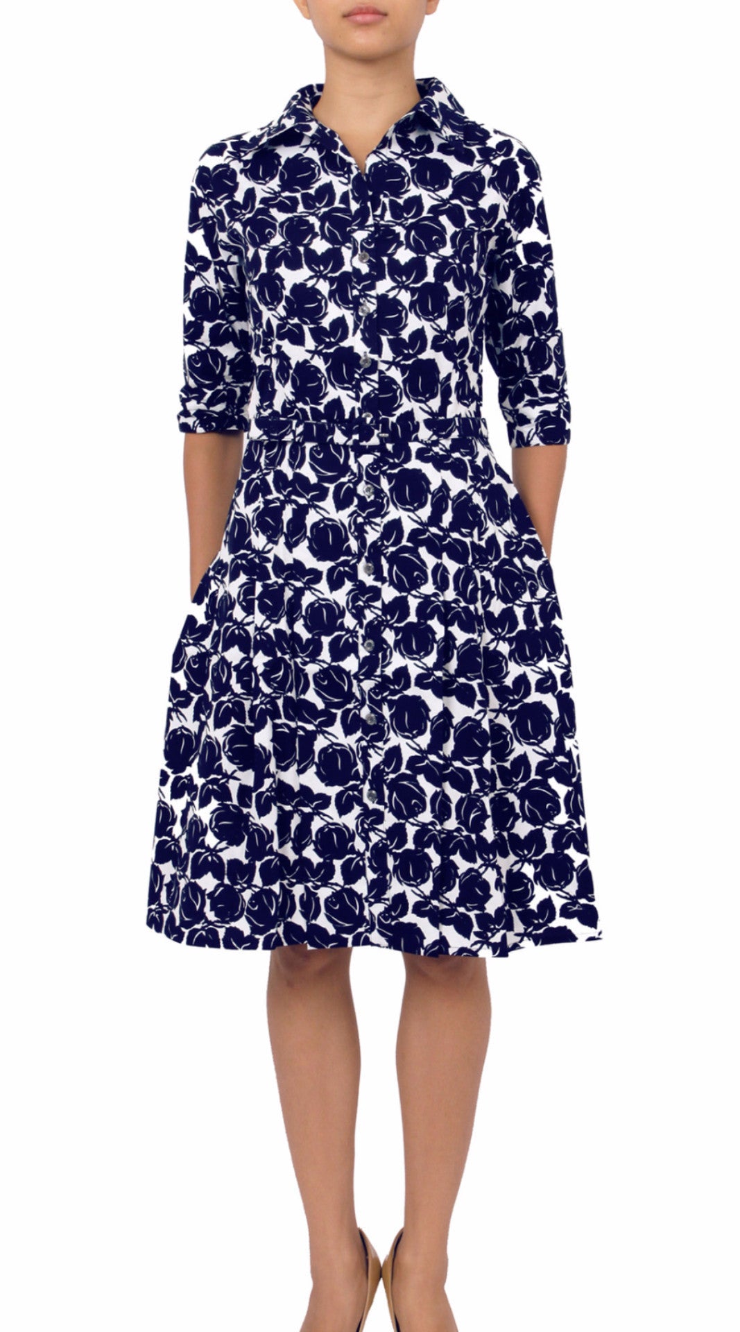 1/2 Sleeve | Corfu | White Indigo | Front | Shirt Dress By Samantha Sung