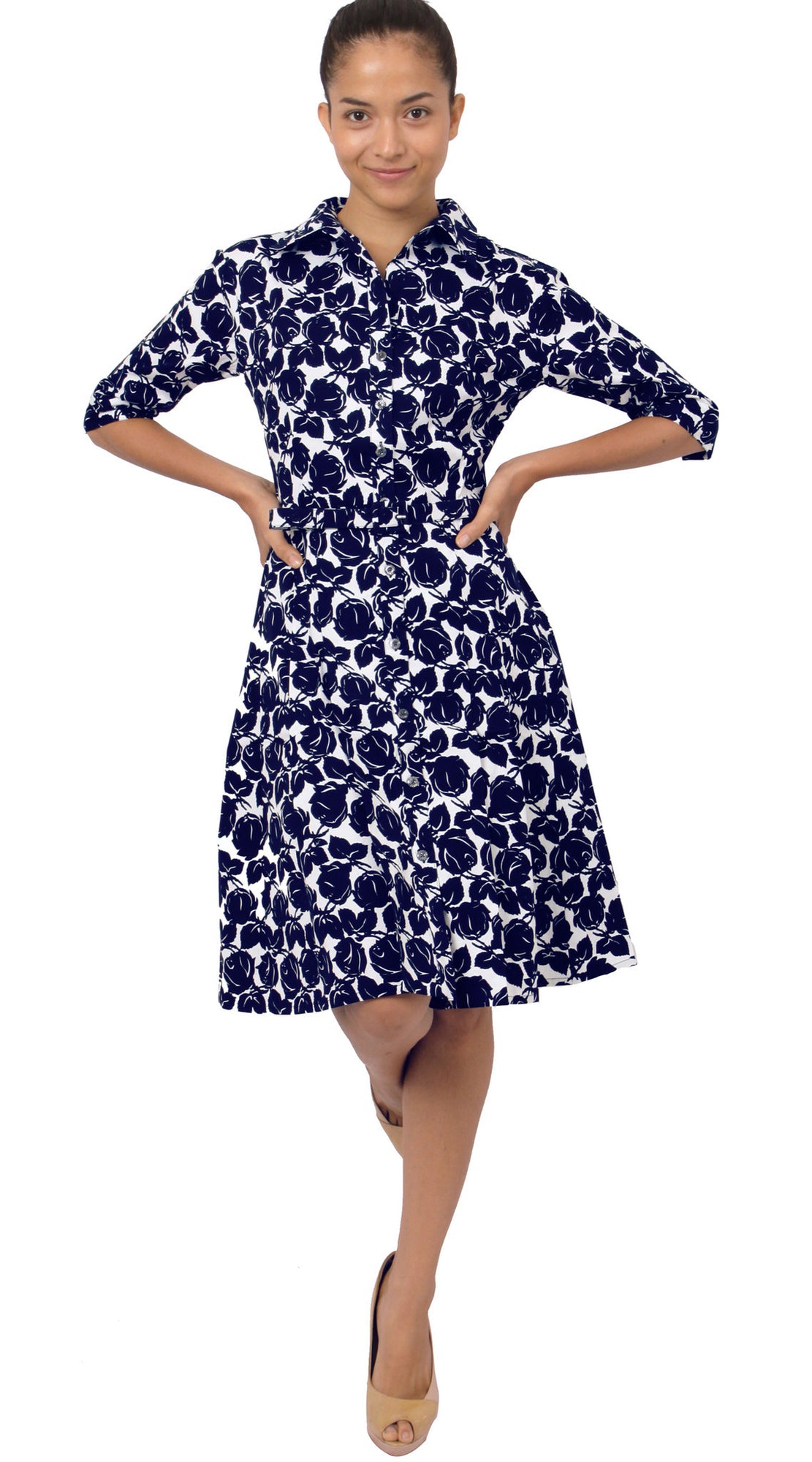 1/2 Sleeve | Corfu | White Indigo | Front-1 | Shirt Dress By Samantha Sung