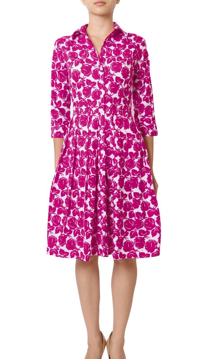 3/4 Sleeve | Corfu | White Pink | Front | Shirt Dress By Samantha Sung