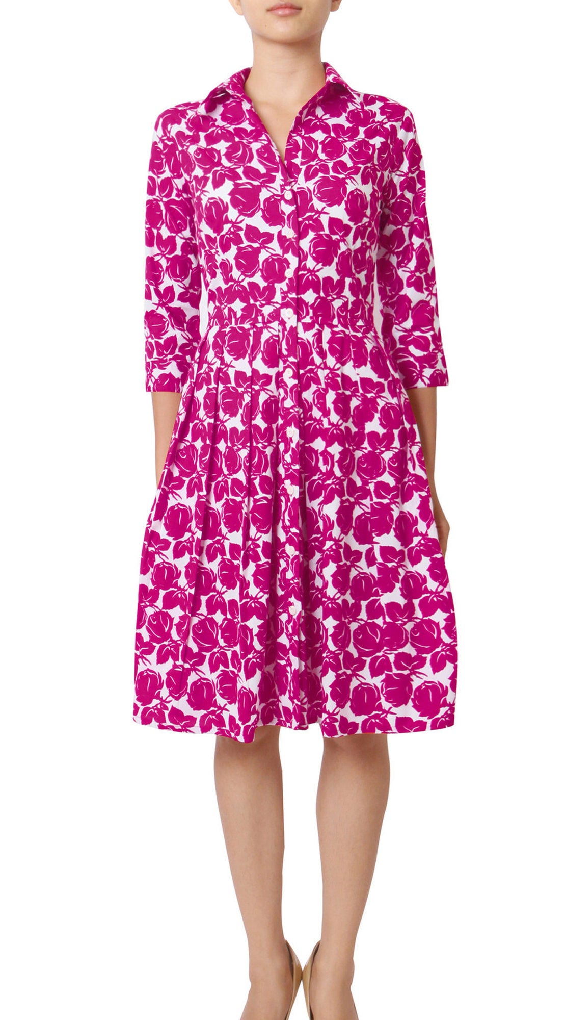 3/4 Sleeve | Corfu | White Pink | Front | Shirt Dress By Samantha Sung