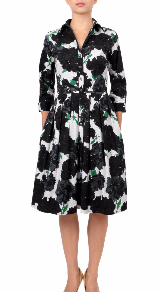 3/4 Sleeve | Cyprus Bloom | White Black | Front | Shirt Dress By Samantha Sung