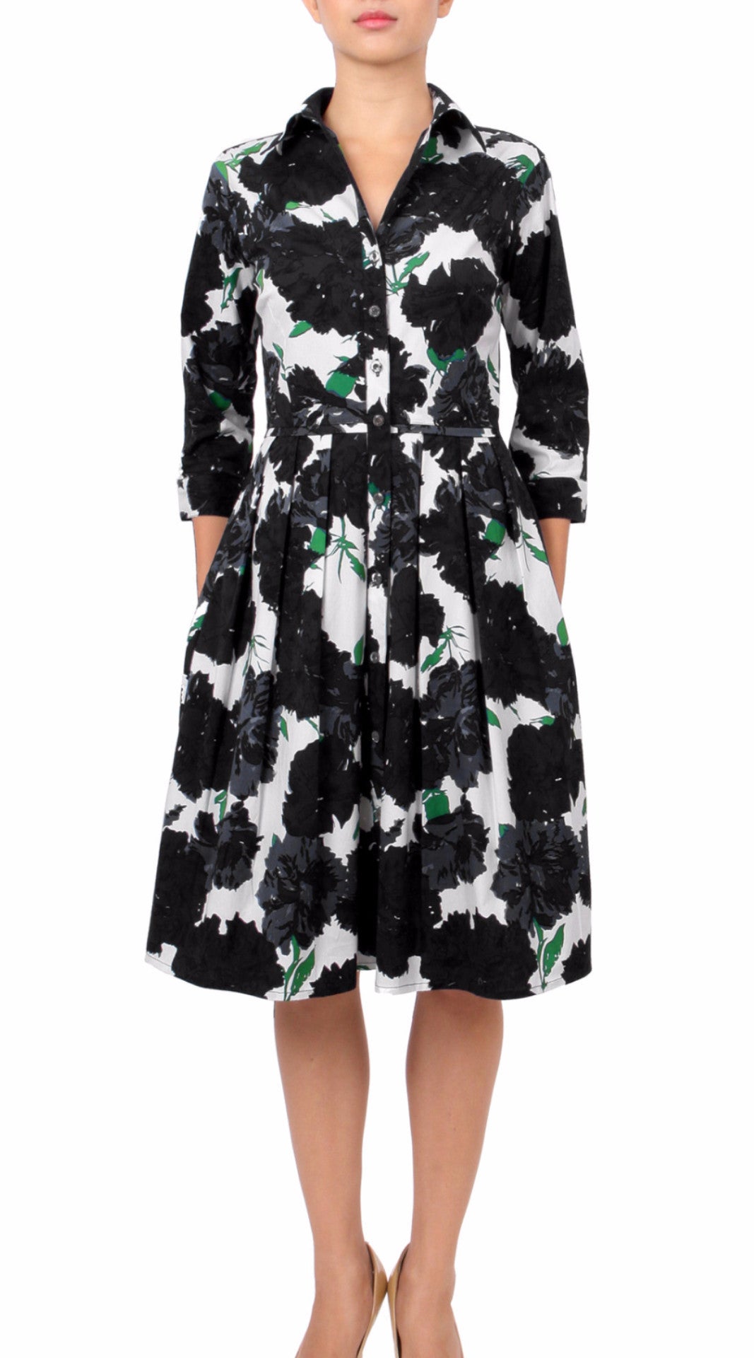 3/4 Sleeve | Cyprus Bloom | White Black | Front | Shirt Dress By Samantha Sung