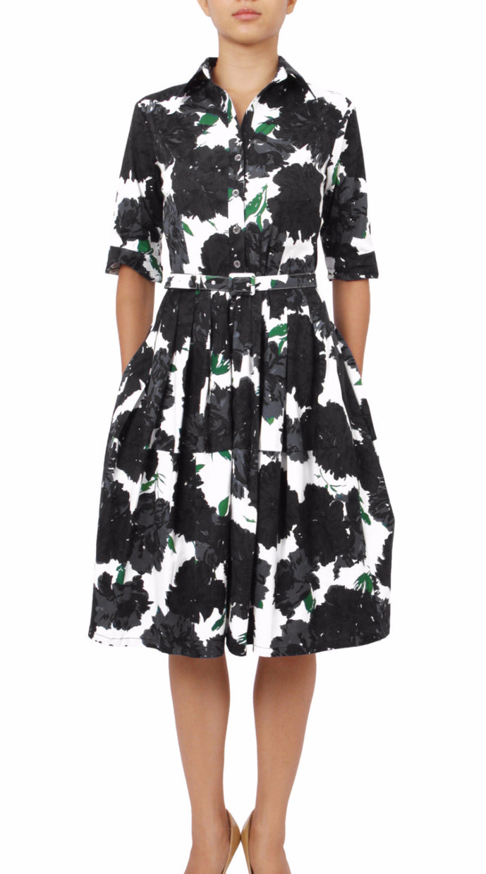 1/2 Sleeve | Cyprus Bloom | White Black | Front | Shirt Dress By Samantha Sung