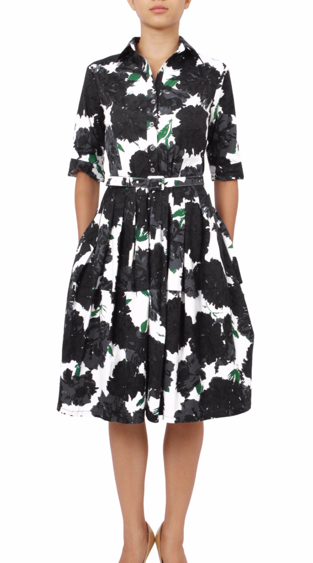 1/2 Sleeve | Cyprus Bloom | White Black | Front | Shirt Dress By Samantha Sung
