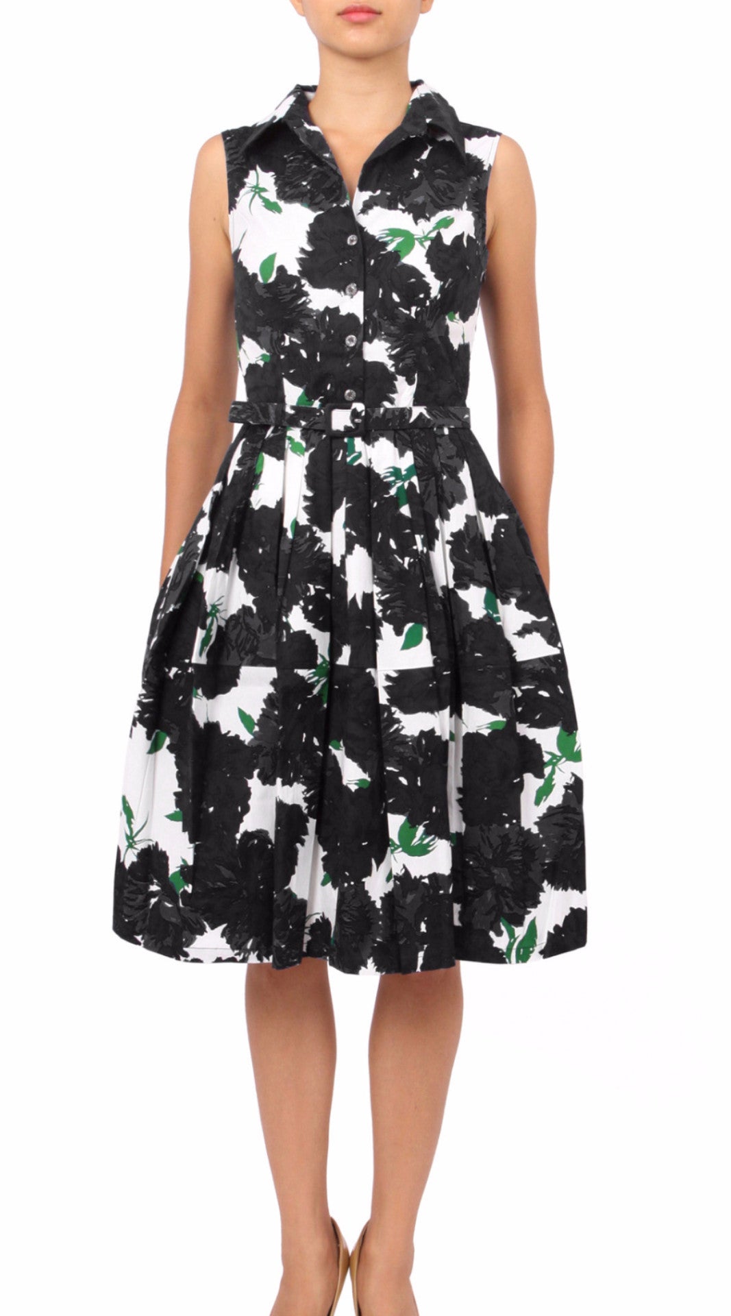 Sleeveless | Cyprus Bloom | White Black | Front | Shirt Dress By Samantha Sung