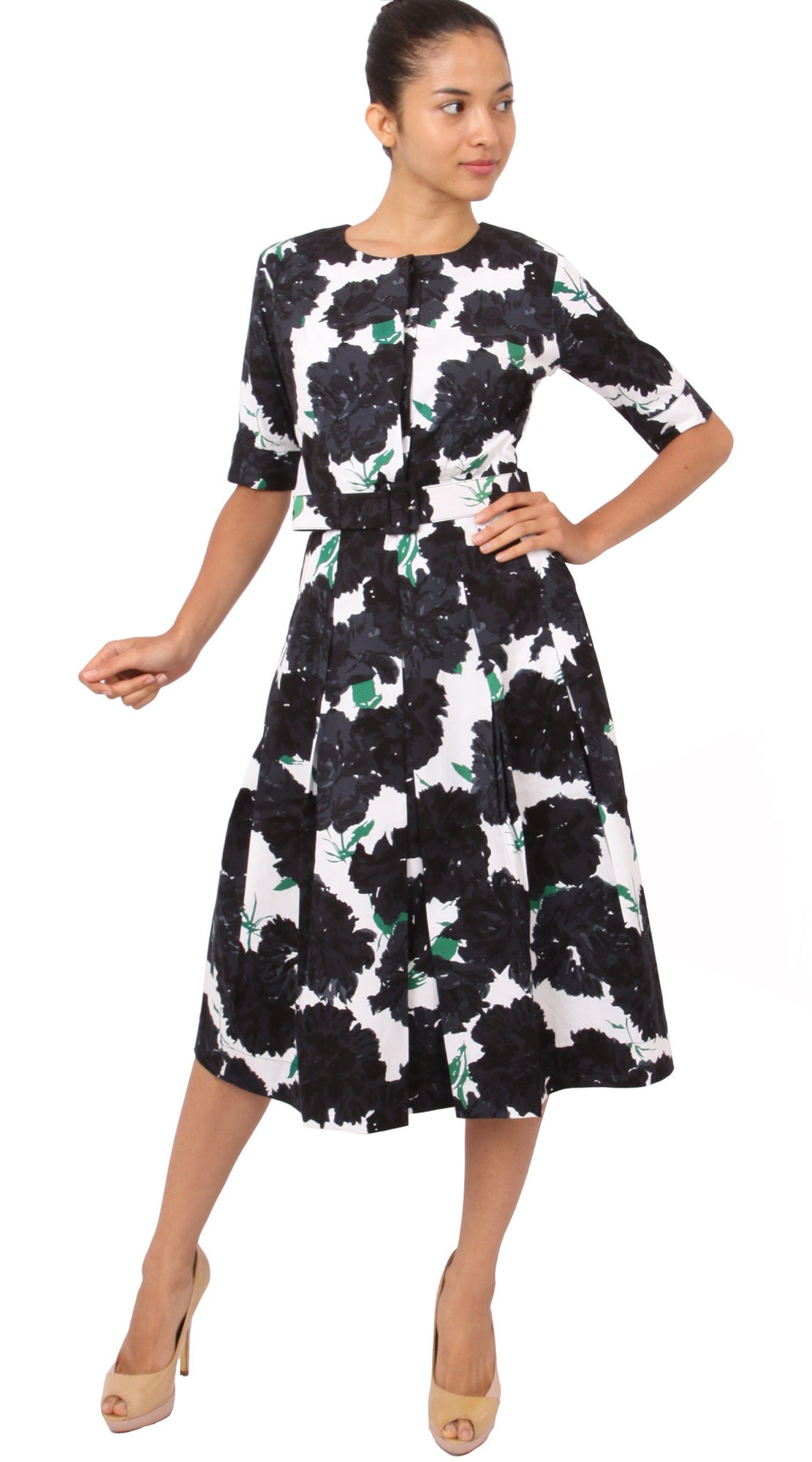 Sleeveless | Cyprus Bloom | White Black | Front-1 | Dress By Samantha Sung