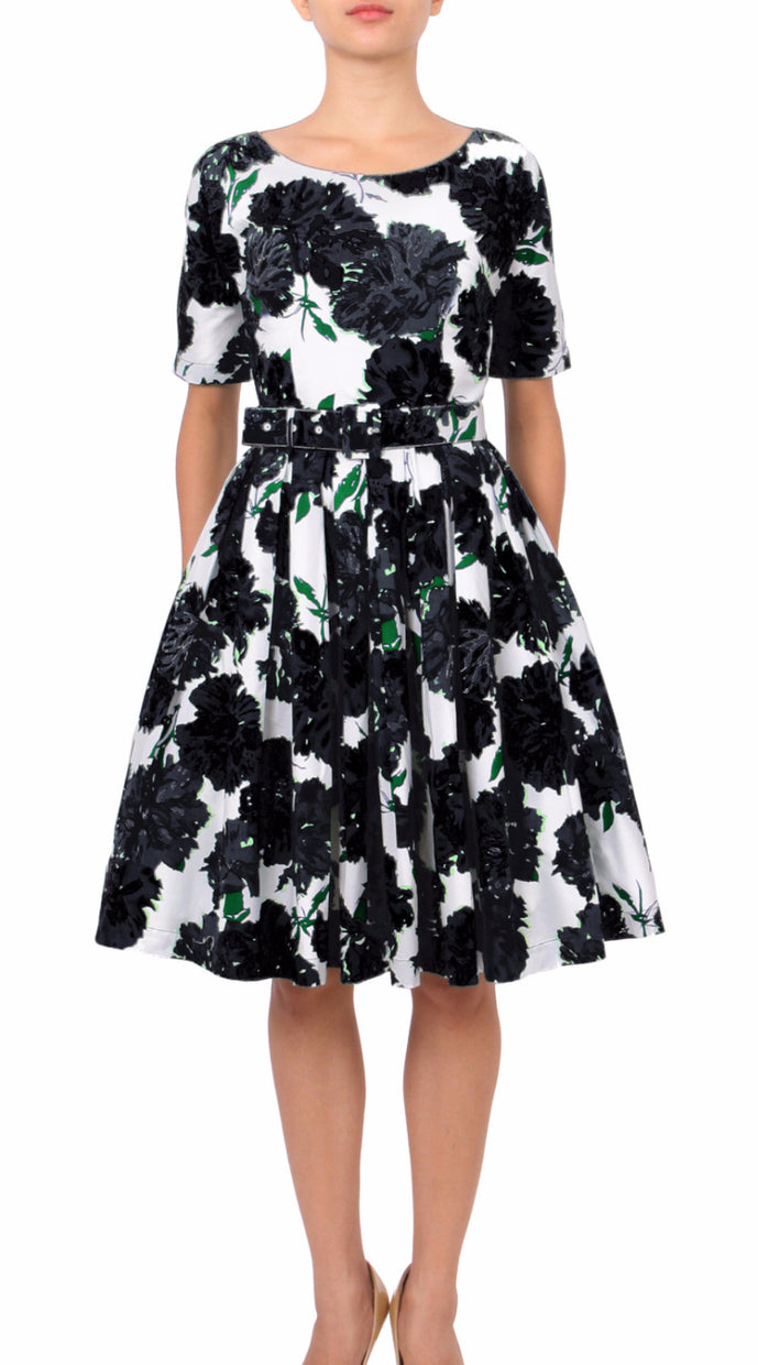 1/2 Sleeve | Cyprus Bloom | White Black | Front | Dress By Samantha Sung