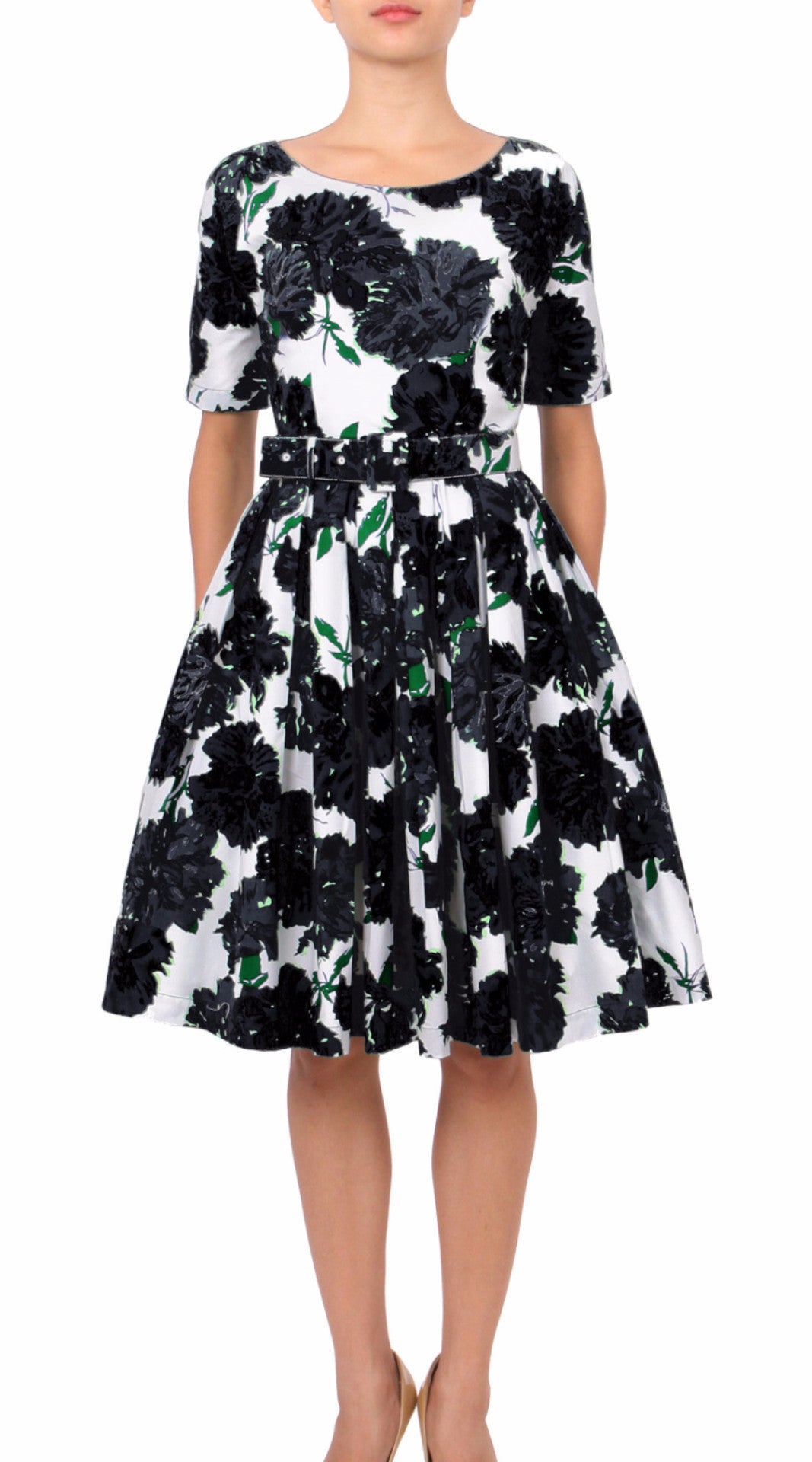 1/2 Sleeve | Cyprus Bloom | White Black | Front | Dress By Samantha Sung