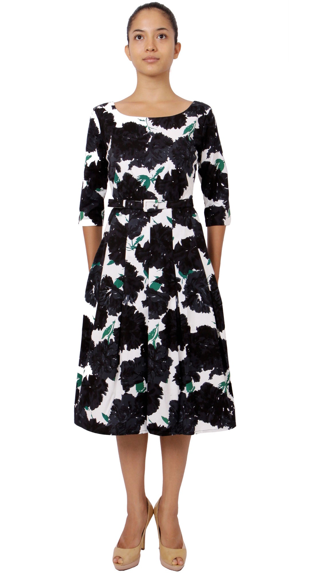 3/4 Sleeve | Cyprus Bloom | White Black | Front | Dress By Samantha Sung