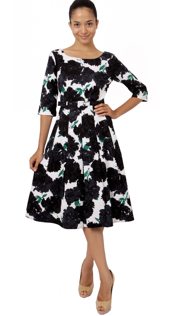 3/4 Sleeve | Cyprus Bloom | White Black | Front-1 | Dress By Samantha Sung