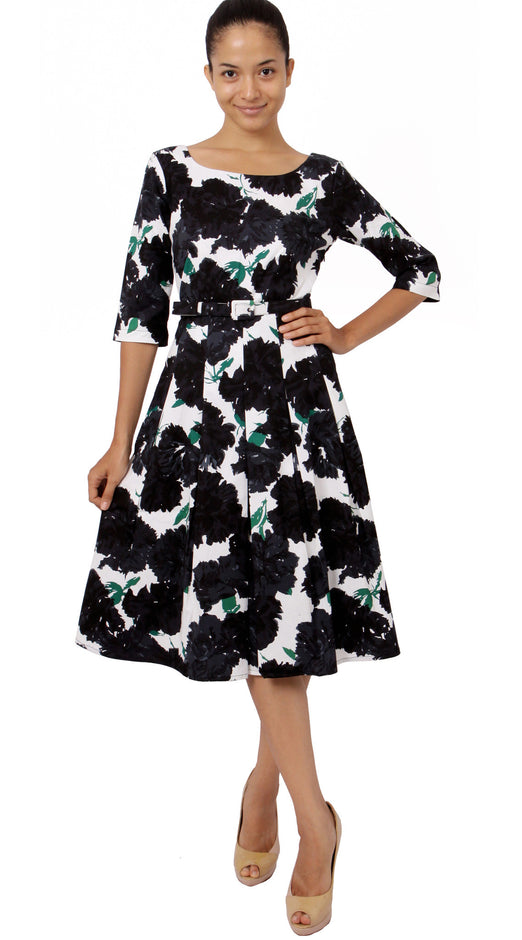 3/4 Sleeve | Cyprus Bloom | White Black | Front-1 | Dress By Samantha Sung