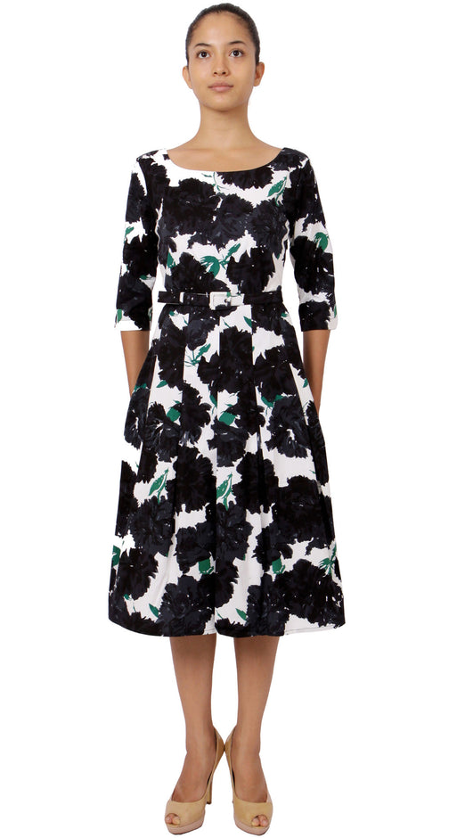 3/4 Sleeve | Cyprus Bloom | White Black | Front-1 | Dress By Samantha Sung