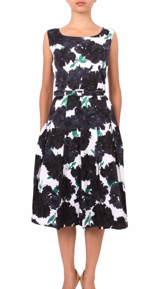 Sleeveless | Cyprus Bloom | White Black | Front-1 | Dress By Samantha Sung