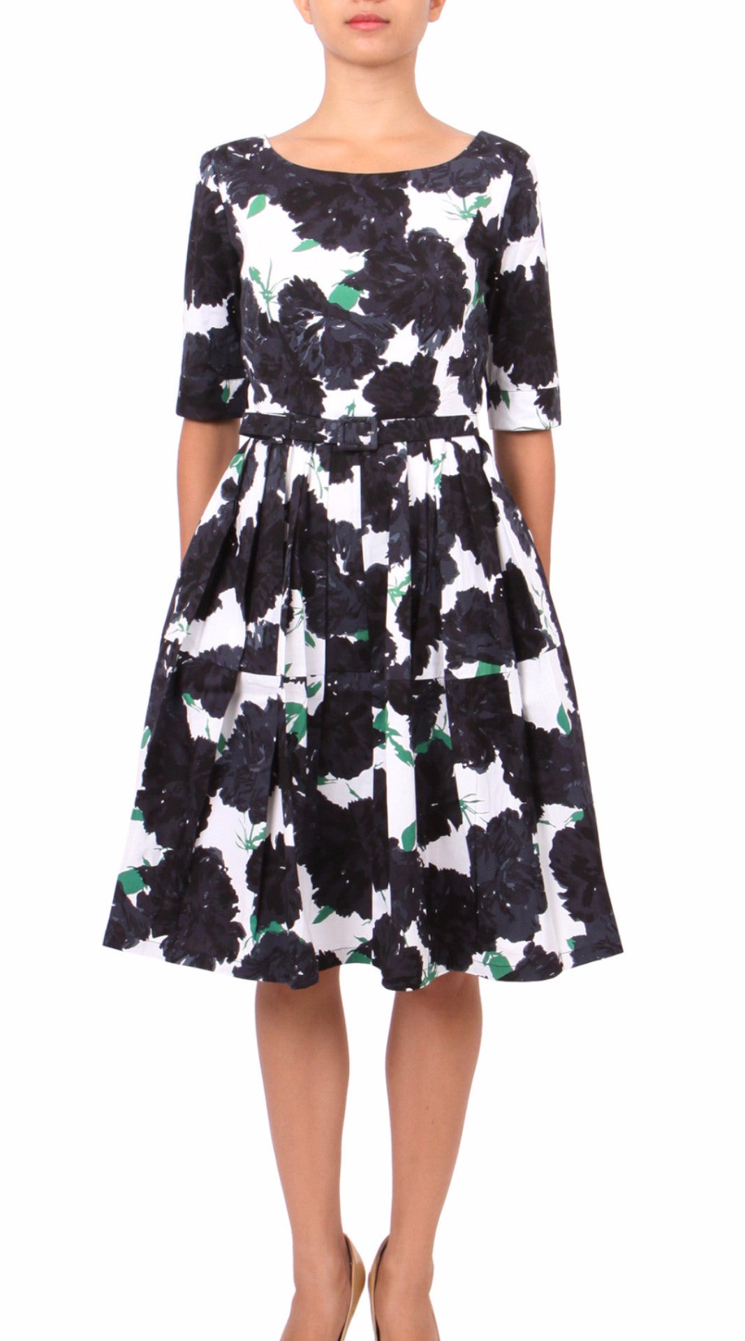 1/2 Sleeve | Cyprus Bloom | White Black | Front | Dress By Samantha Sung