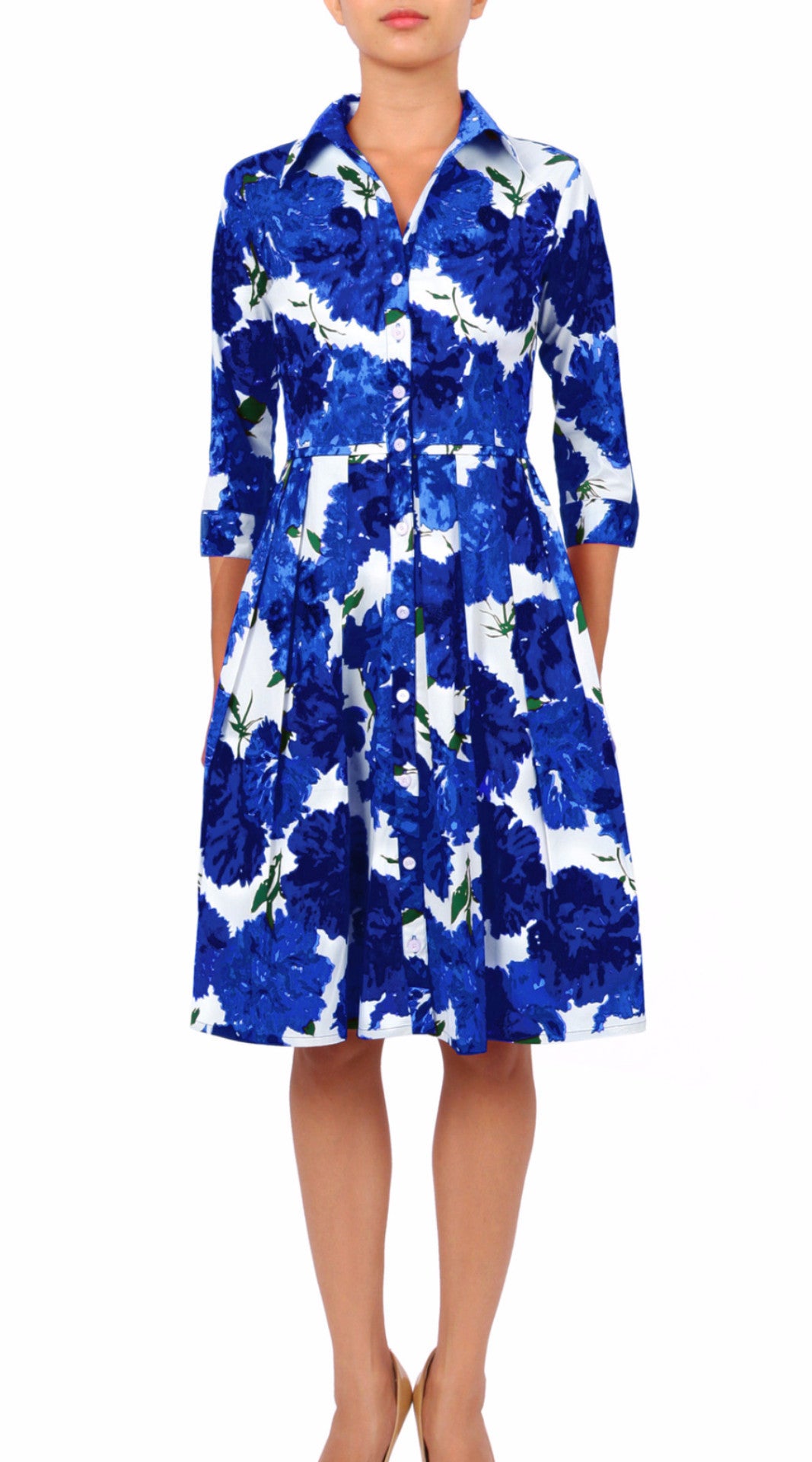 3/4 Sleeve | Cyprus Bloom | White Cobalt Blue | Front | Shirt Dress By Samantha Sung