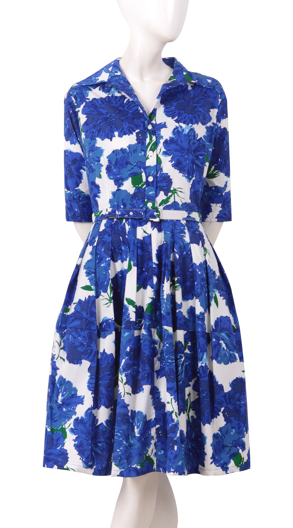 1/2 Sleeve | Cyprus Bloom | White Cobalt Blue | Front | Shirt Dress By Samantha Sung