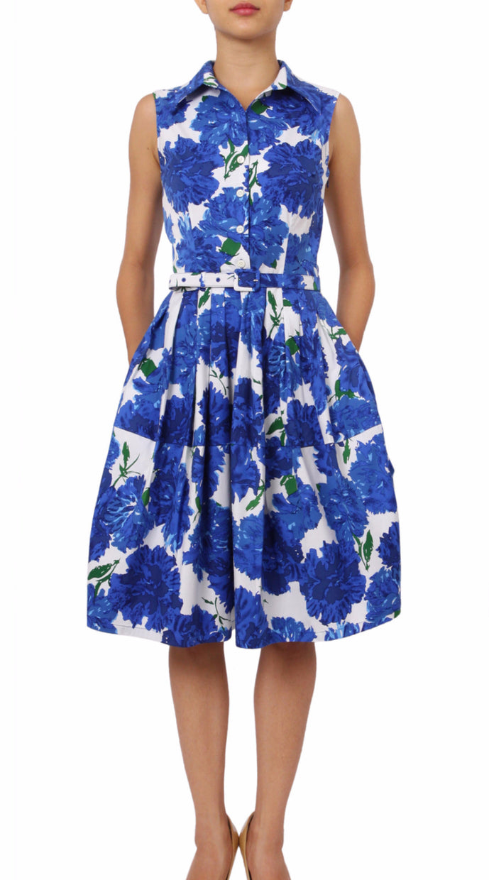 Sleeveless | Cyprus Bloom | White Cobalt Blue | Front | Shirt Dress By Samantha Sung