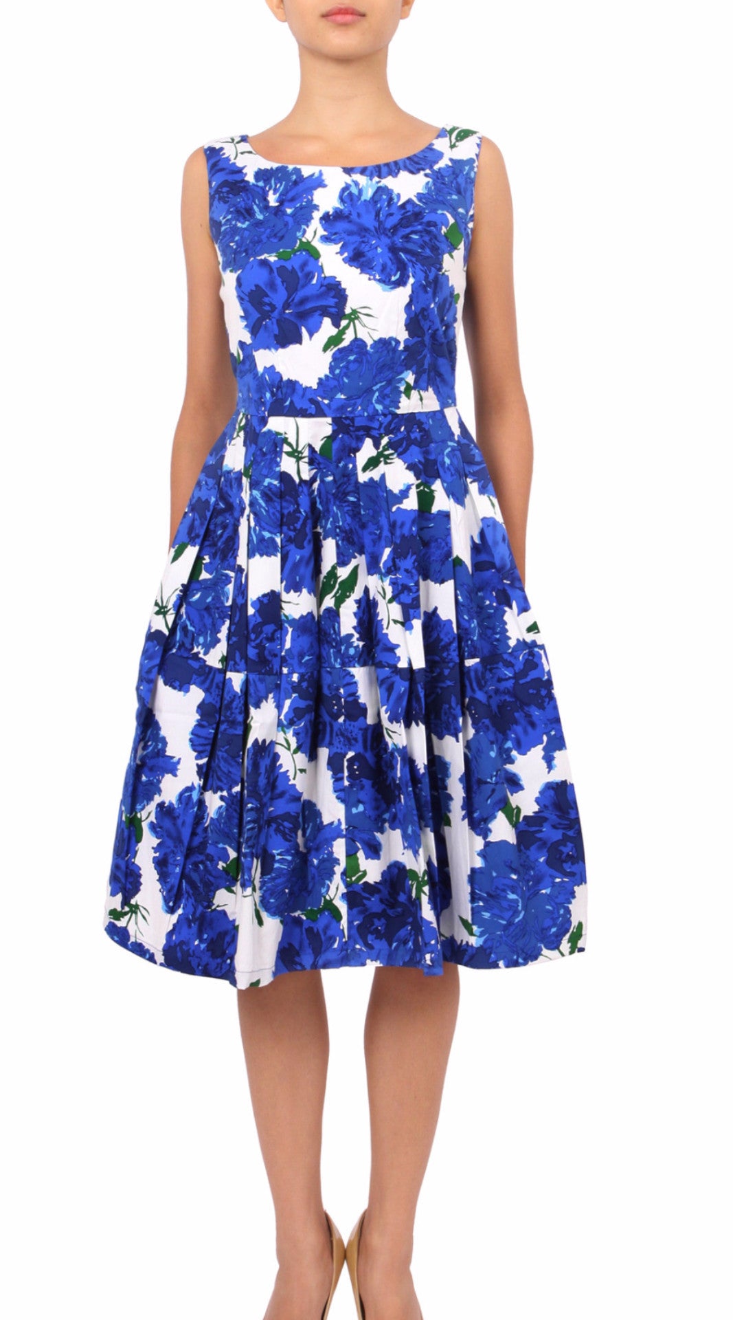 Sleeveless | Cyprys Bloom | White Cobalt Blue | Front | Dress By Samantha Sung