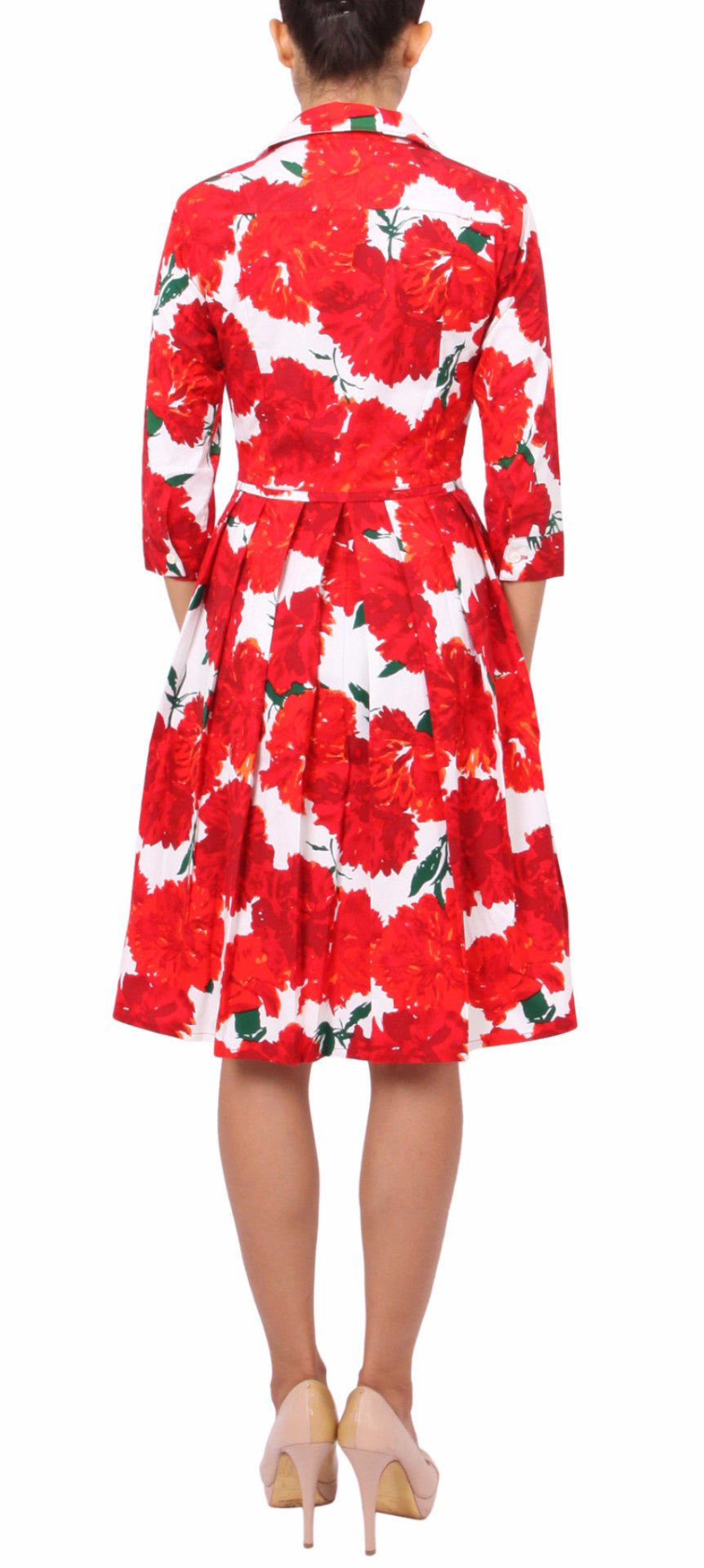 3/4 Sleeve | Cyprus Bloom | White Indian Red | Front | Shirt Dress By Samantha Sung