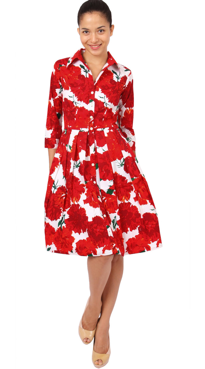 3/4 Sleeve | Cyprus Bloom | White Indian Red | Front-1 | Shirt Dress By Samantha Sung