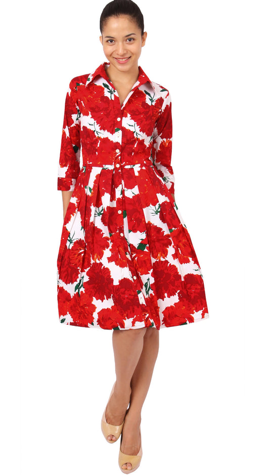 3/4 Sleeve | Cyprus Bloom | White Indian Red | Front-1 | Shirt Dress By Samantha Sung
