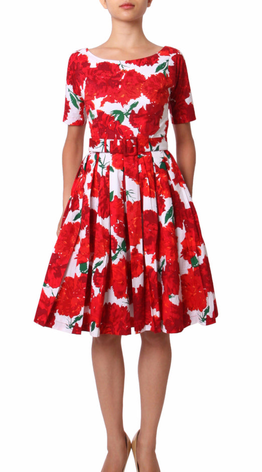 1/2 Sleeve | Cyprus Bloom | White Indian Red | Front-1 | Dress By Samantha Sung