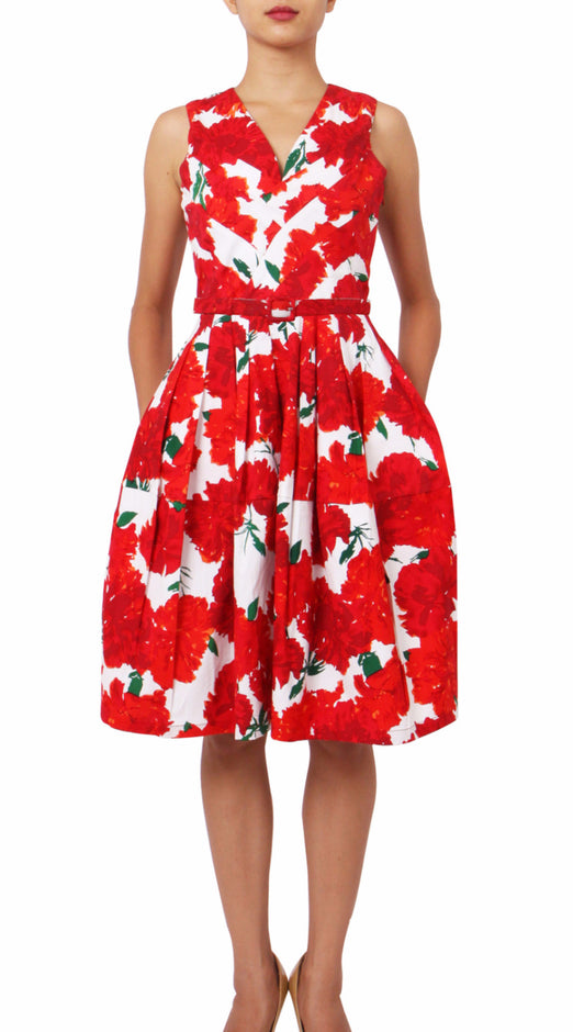 Sleeveless | Cyprus Bloom | White Indian Red | Front-1 | Dress By Samantha Sung