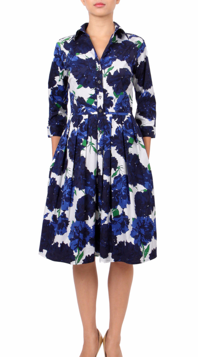 3/4 Sleeve | Cyprus Bloom | White Indigo | Front | Shirt Dress By Samantha Sung