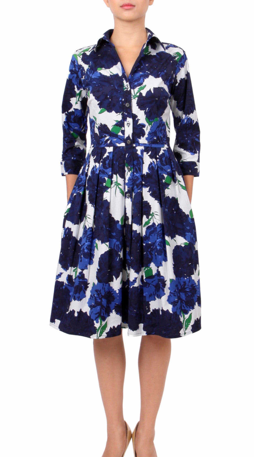 3/4 Sleeve | Cyprus Bloom | White Indigo | Front | Shirt Dress By Samantha Sung