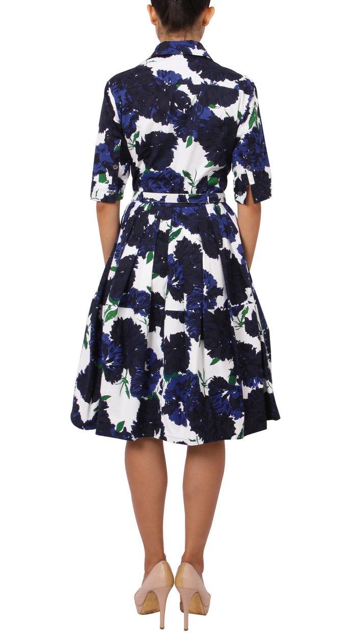 1/2 Sleeve | Cyprus Bloom | White Indigo | Back | Shirt Dress By Samantha Sung