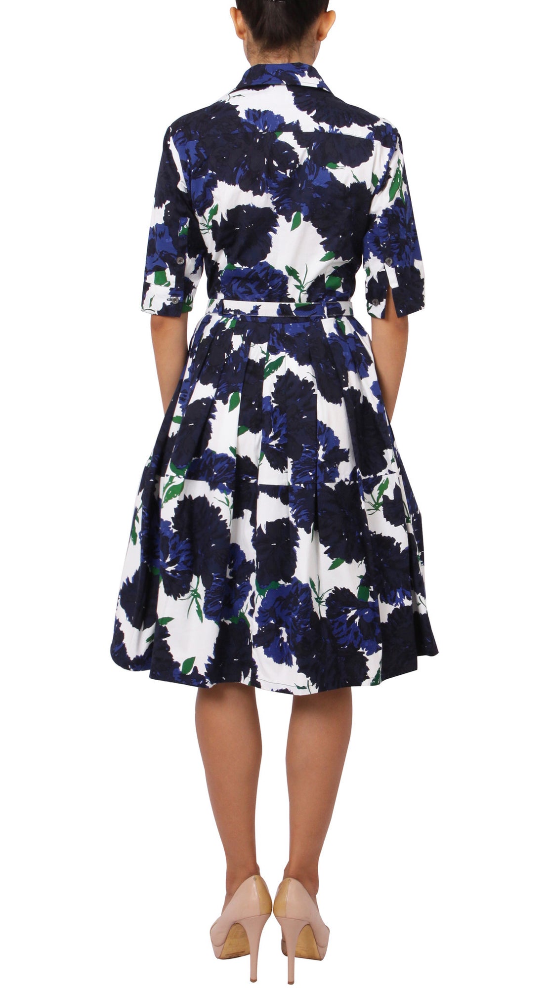 1/2 Sleeve | Cyprus Bloom | White Indigo | Back | Shirt Dress By Samantha Sung