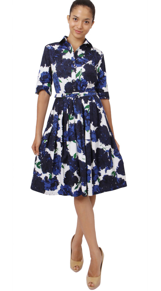 1/2 Sleeve | Cyprus Bloom | White Indigo | Front-1 | Shirt Dress By Samantha Sung