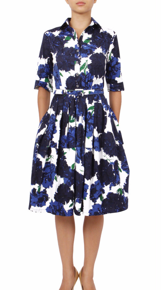 1/2 Sleeve | Cyprus Bloom | White Indigo | Front-1 | Shirt Dress By Samantha Sung