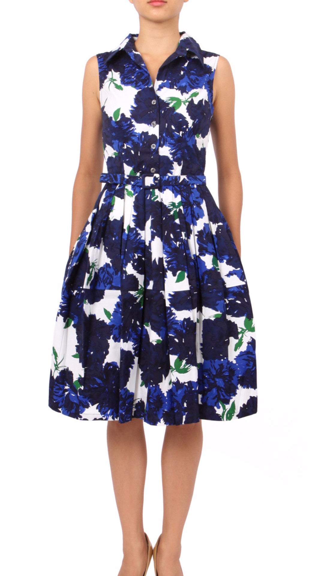 Sleeveless | Cyprus Bloom | White Indigo | Front | Shirt Dress By Samantha Sung