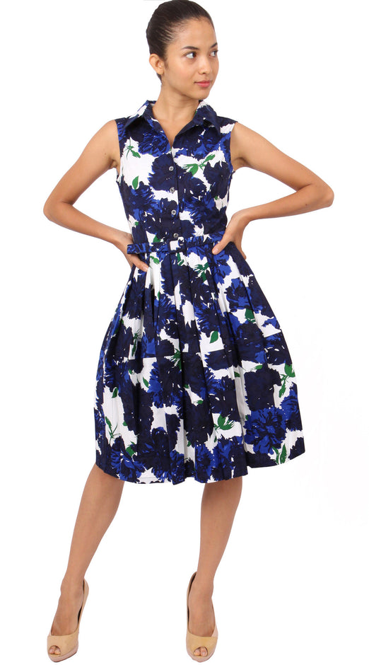 Sleeveless | Cyprus Bloom | White Indigo | Front-1 | Shirt Dress By Samantha Sung