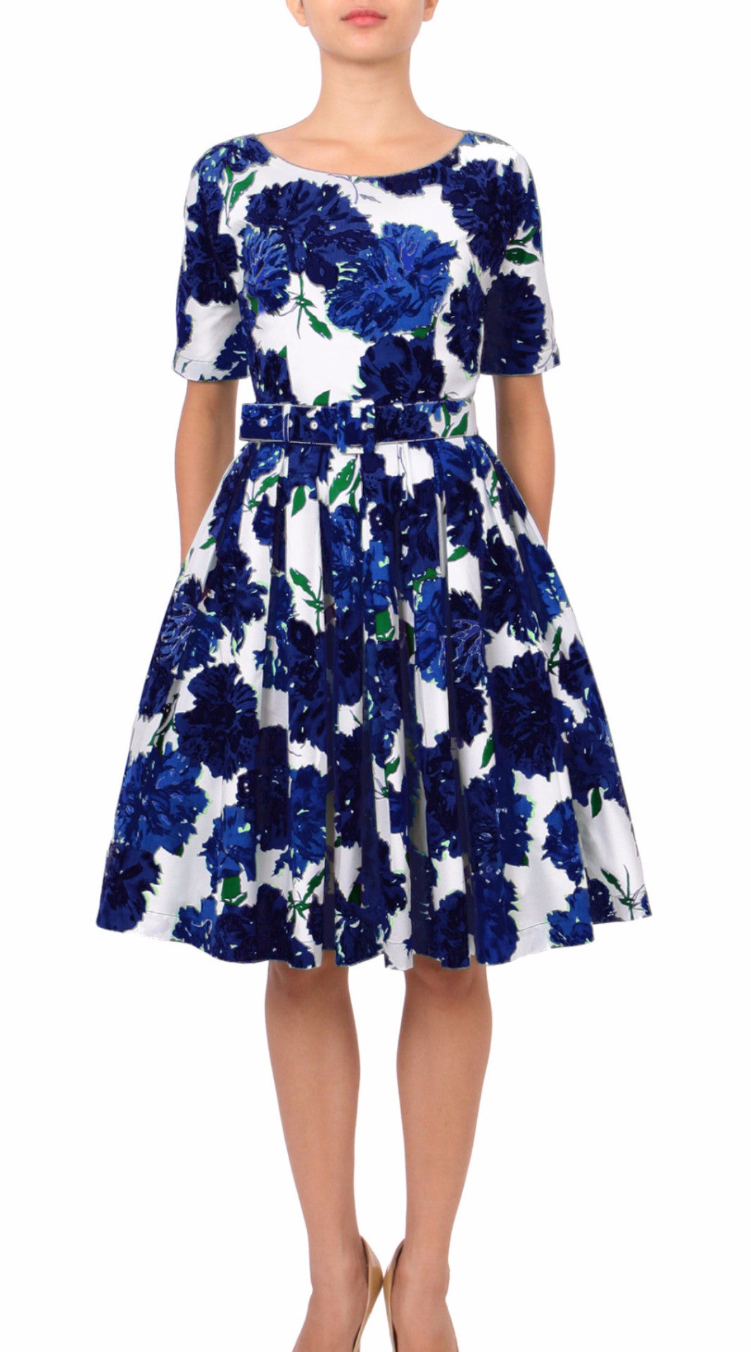 1/2 Sleeve | Cyprus Bloom | White Indigo | Front | Dress By Samantha Sung
