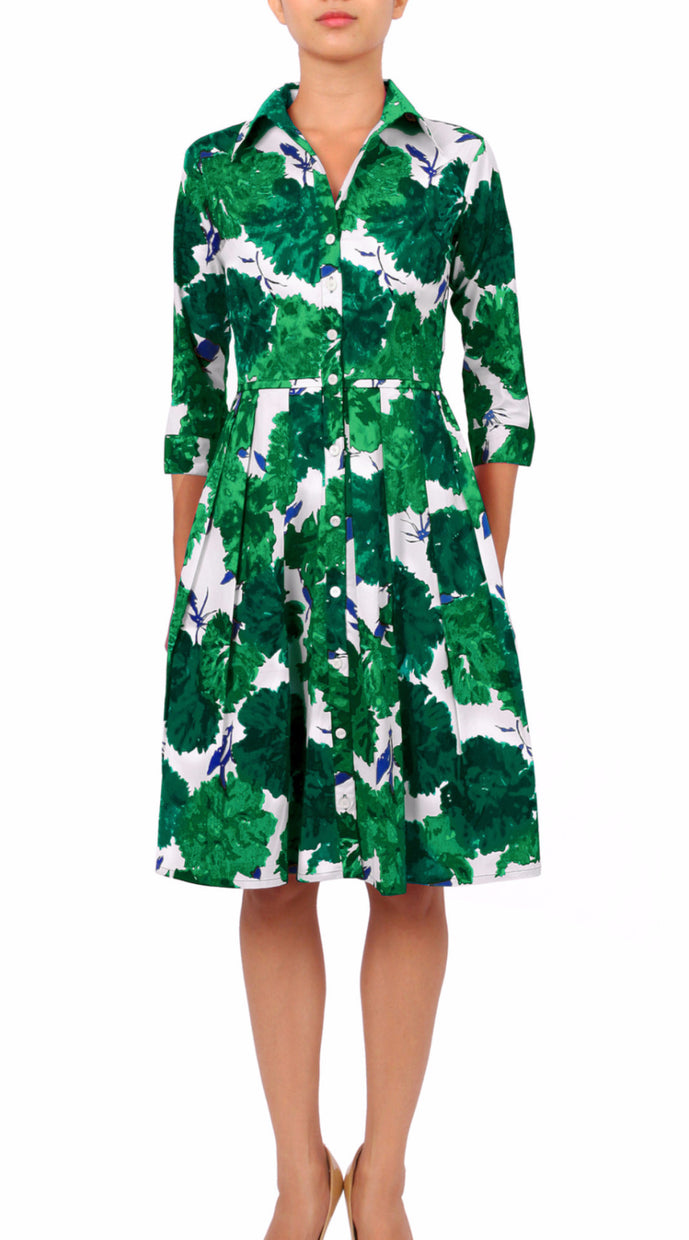 3/4 Sleeve | Cyprus Bloom | White Pine Green | Front | Shirt Dress By Samantha Sung