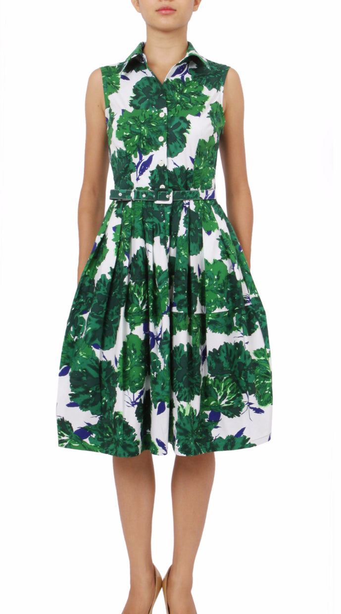Sleeveless | Cyprus Bloom | White Pine Green | Front | Shirt Dress By Samantha Sung