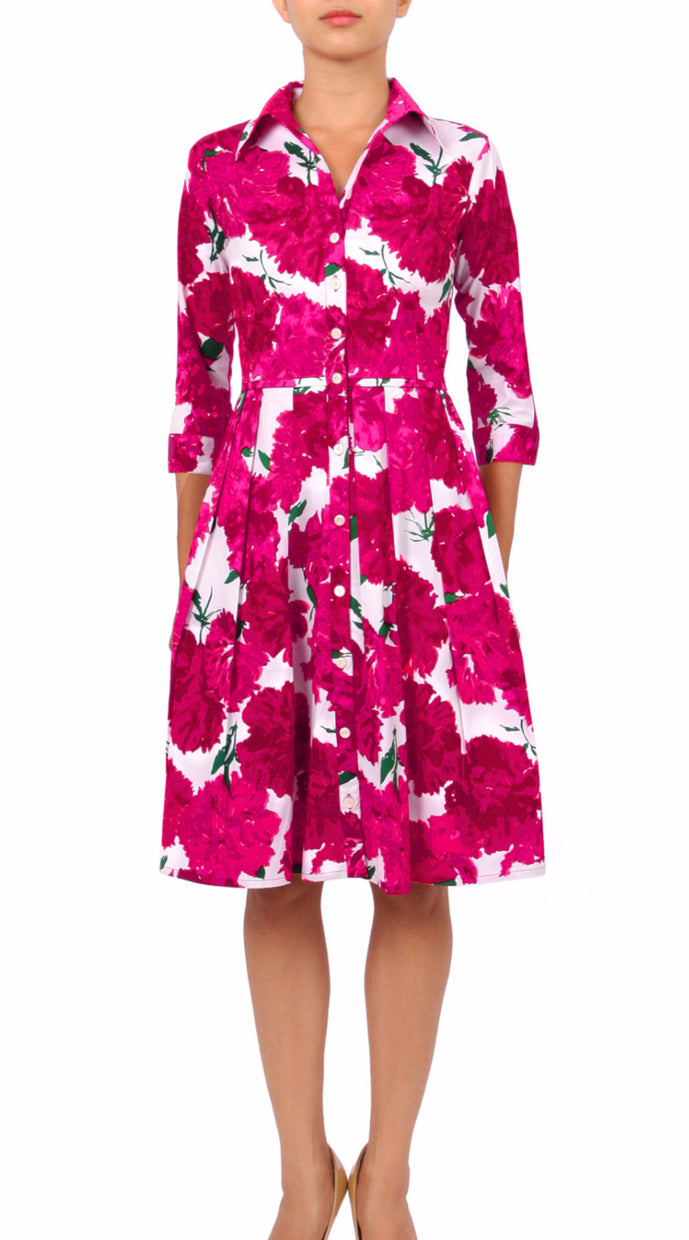 3/4 Sleeve | Cyprus Bloom | White Pink | Front | Shirt Dress By Samantha Sung