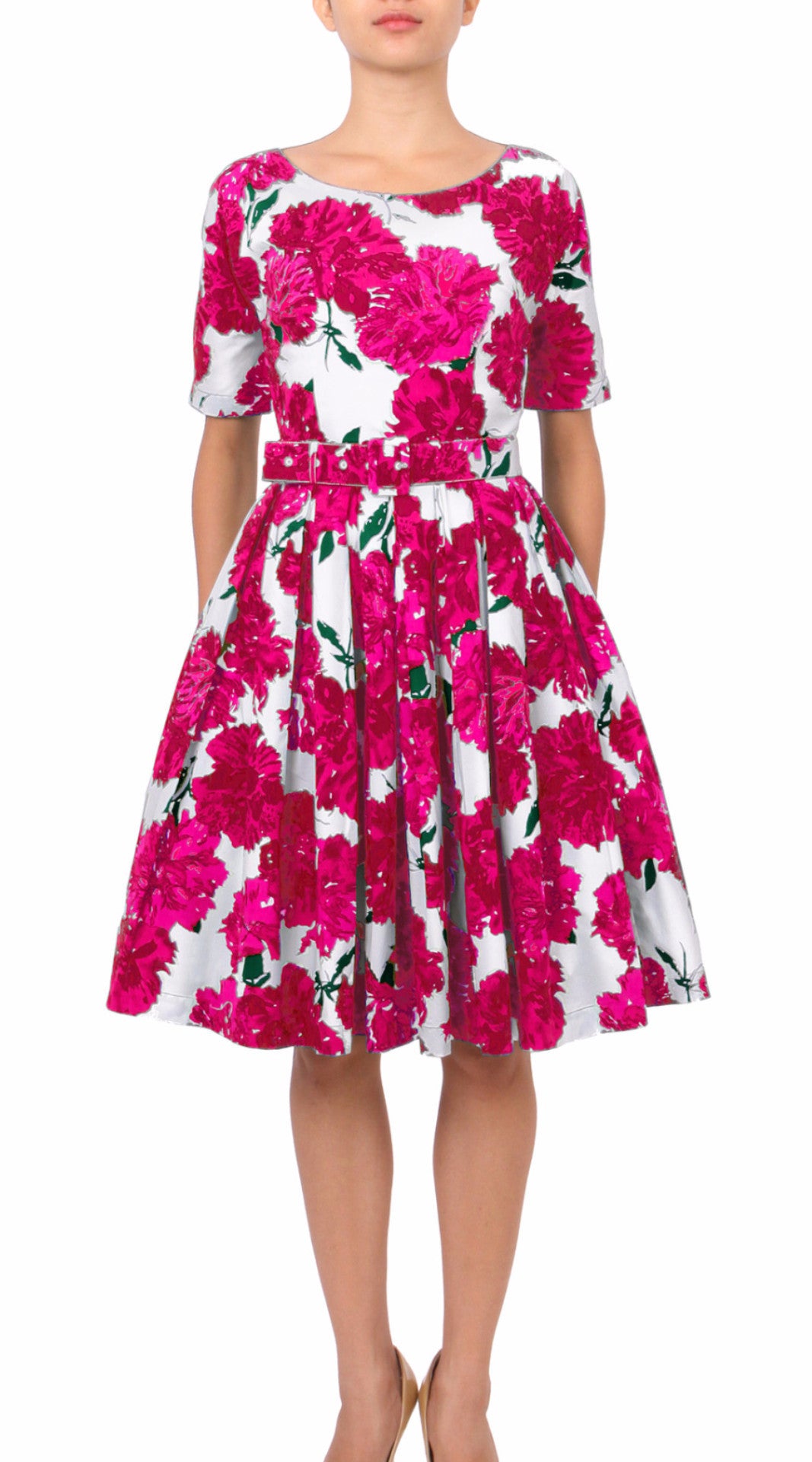 1/2 Sleeve | Cyprus Bloom | White Pink | Front | Dress By Samantha Sung