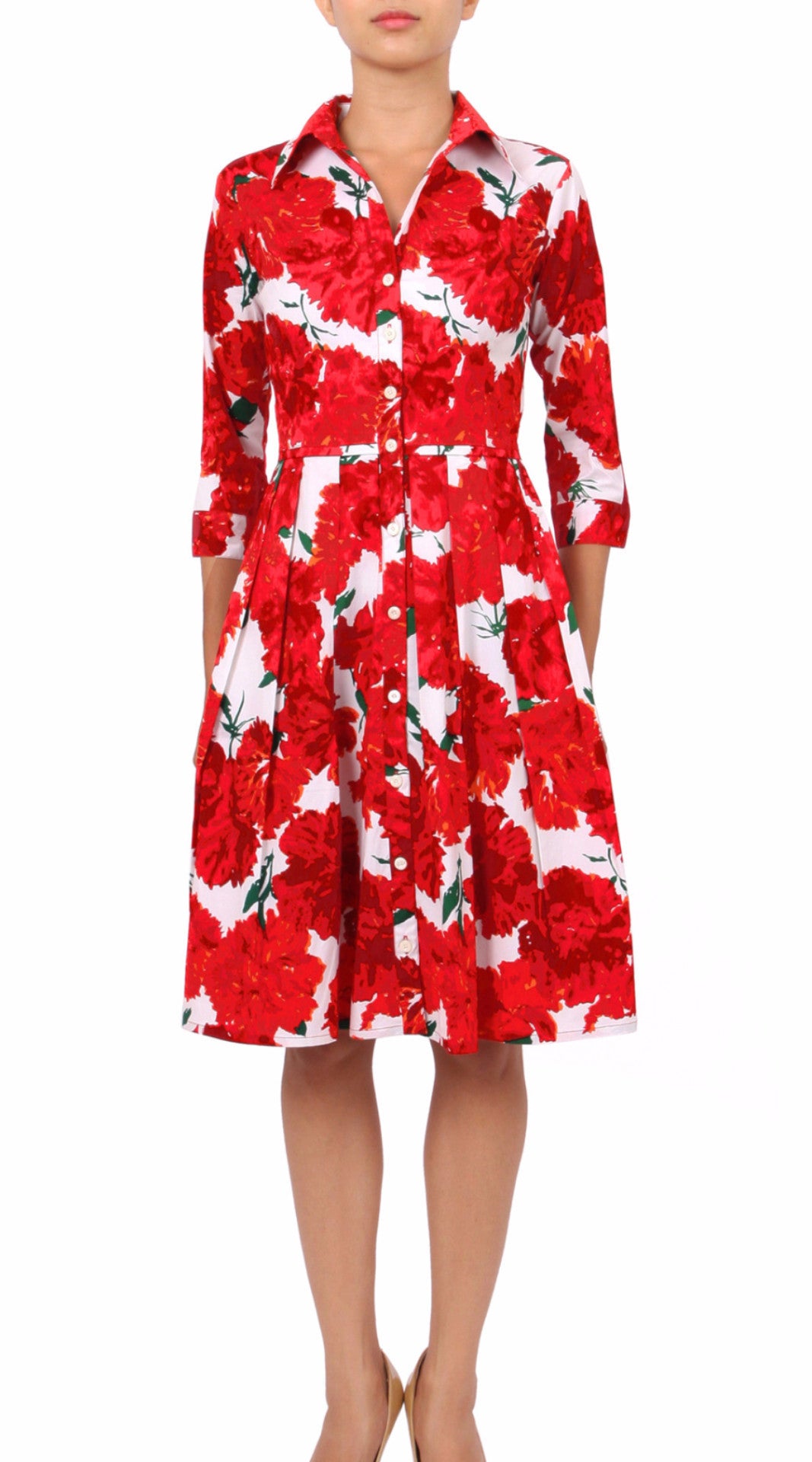 3/4 Sleeve | Cyprus Bloom | White Indian Red | Front | Shirt Dress By Samantha Sung