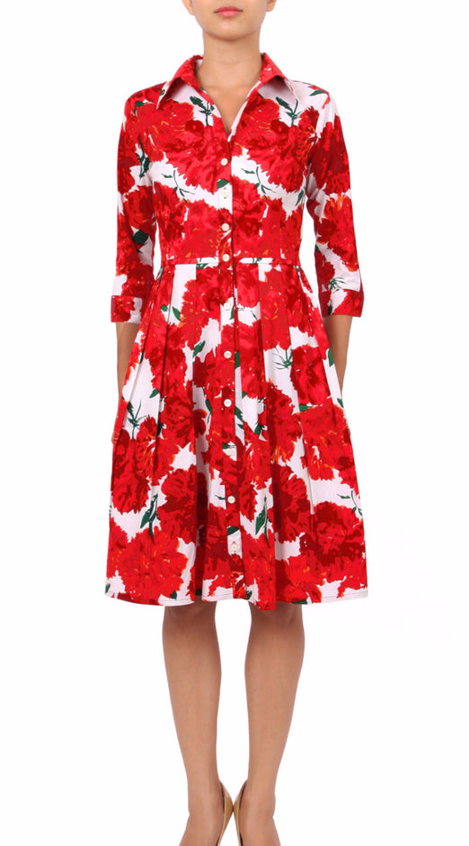 3/4 Sleeve | Cyprus Bloom | White Indian Red | Front-1 | Shirt Dress By Samantha Sung
