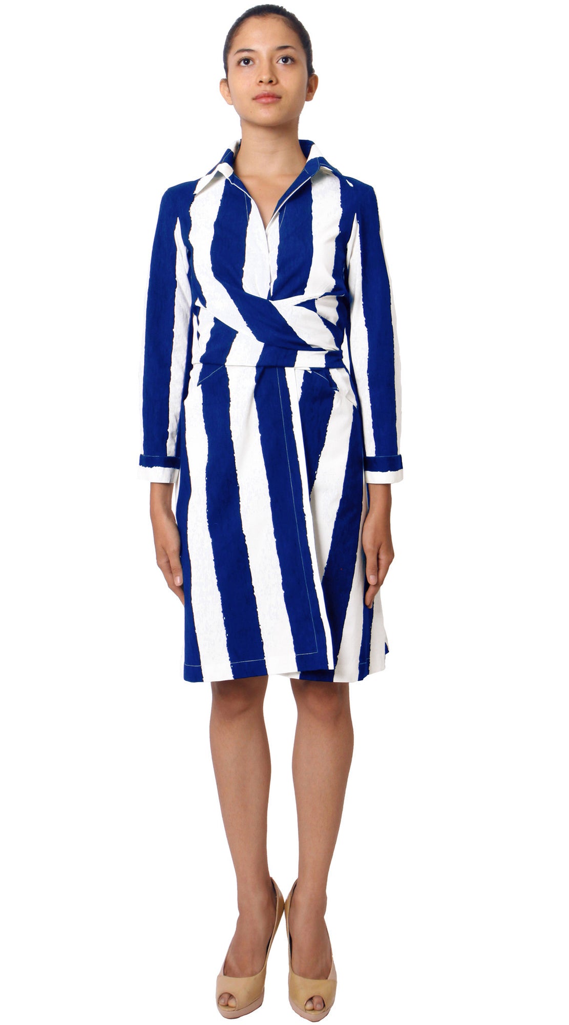 Long Sleeve | Dali Stripe | White Cobalt Blue | Front | Shirt Dress By Samantha Sung